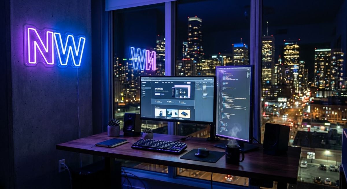 Le bureau de NuanceWeb la nuit : enseigne néon NW, deux écrans avec un site et du code, vue sur la ville
